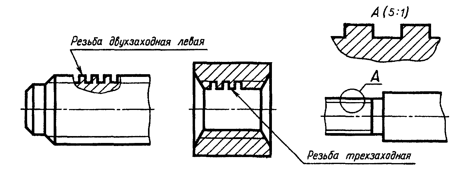 Прямая резьба. Соединение ходовым винтом с трехзаходной резьбой. Трехзаходная резьба на чертеже. Наружная резьба на чертеже ЕСКД. Разрез резьбового отверстия.